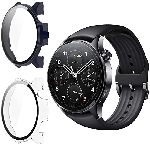 KZIOACSH [2 Pack] Funda para Xiaomi Watch S1 Pro Funda + Cristal Templado,Protección Completo Anti Rasguños TPC Funda Delgado Protector de Pantalla,Azul Tinta + Transparente