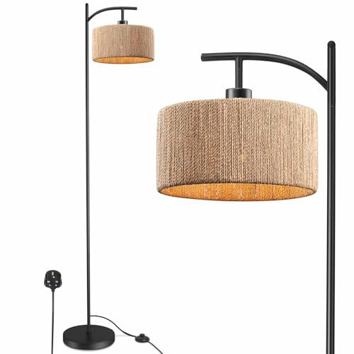 IC INSTANT COACH Floor Lamp for Living Room Farmhouse Rattan Standing Lamp, Industrial Black Handmade Floor Light, Rustic Boho Tall Pole Lamp for Living Room, Bedroom, Office E27