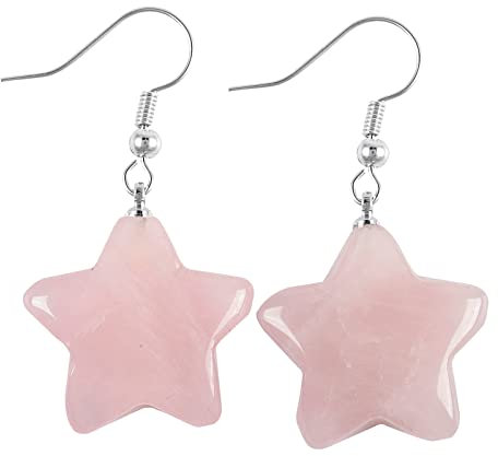 Nupuyai Carved Star Rose Quartz Crystal Stone Drop Earrings for Women, Healing Stone Dangle Earrings for Party Wedding Vacation