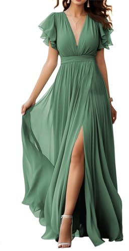 V-Ausschnitt Chiffon Brautjungfer Kleid mit Schlitz Flatterärmel Chiffon Plissee Formale Ballkleider für Frauen, Eukalyptus, 40