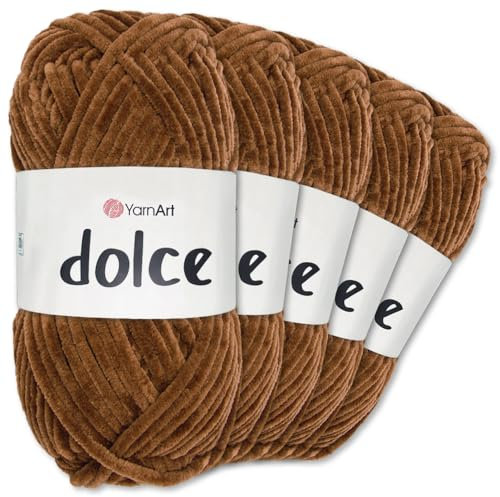 Frida's Wollhaus YarnArt 5 x 100 g Dolce Chenille Wolle Garn Stricken Häkeln Amigurumi 52 Farben (791 | Mittelbraun)