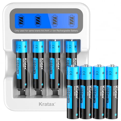 Kratax Lithium AAA Akku, Wiederaufladbare 1,5V AAA Lithium Batterien, 1100mWh (1,5V/733mAh), Hohe Kapazität, Konstante Leistung, Lange Lebensdauer, 8 Stücke 1,5V AAA Akku mit LCD-Display-Ladegerät