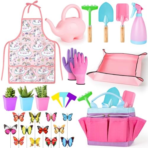 deAO Ensemble d'Outils de Jardinage, Comprenant Une Pelle sûre, Un Râteau, Une Fourche, des Gants, Un Tablier, Un Arrosoir et Un Sac en Toile, Kit de Jardinage pour Garçons et Filles de 3 Ans+, Rose