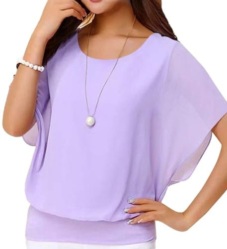 Neineiwu Oberteil Damen elegant Batwing Bluse Shirts Kurzarm Tunika Blumen Rundkragen Bluse Bluse Damen sexy rüschenbluse Bluse Damen Party Outfit Damen blusen Damen elegant festlich,Lila,M