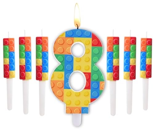 Herdear Pack of 7 Building Block Number 1-9 Birthday Candles with 6 Building Blocks Cake Candles Numbers Birthday Candles for Building Block Party Cake Decoration Birthday Decoration Party Accessories