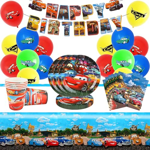 62 Piezas Cars Juego de Vajilla de Fiesta, Vajilla Cumpleaños Infantil Cars, Cars Vajilla de Fiesta Decoracion Incluye Pancarta, Globo, Platos, Vasos de Papel, Manteles y Servilletas - 10 Porciones