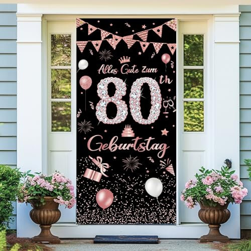 Deko 80. Geburtstag Banner - Mann Frau, Alles Gute zum Geburtstag Banner, Lange Größe Roségold 80 Geburtstag Party Deko Für Frauen und Mann 185 × 90 cm