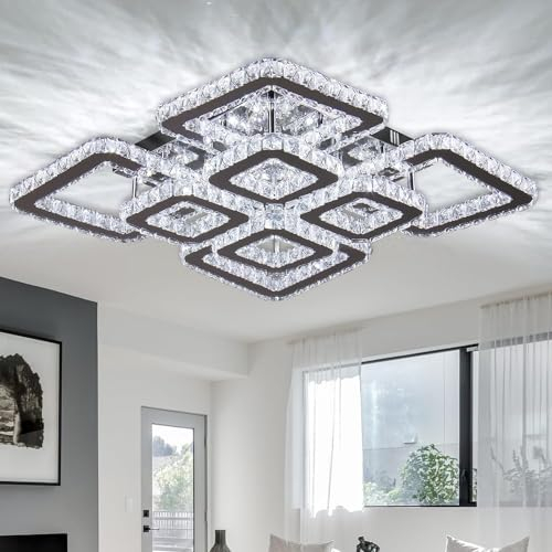 Moderne LED Deckenleuchte Kristall Kronleuchter Celing Light 8-Leuchten Quadratischer Kronleuchter für Esszimmer Wohnzimmer, Kühl Weiß,Dia 50 cm