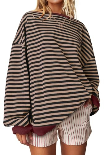 UEU Women Striped Oversized Sweatshirt Color Block Crewneck Long Sleeve Casual Pullover Shirt Black Coffee Medium