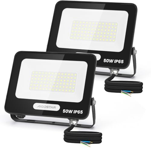 Aigostar Foco LED Exterior 50w 4500LM, Focos Proyectore LED Exterior Impermeable IP65, 84 LEDs, 6500K Blanco Frío para Garaje,Jardín,Patio,Parque. 2 Piezas