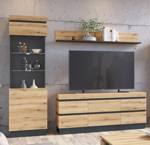 möbelando Wohnwand >Corte< (3-teilig) in Coast Evoke Eiche Dekor - 222x201x45 (BxHxT)