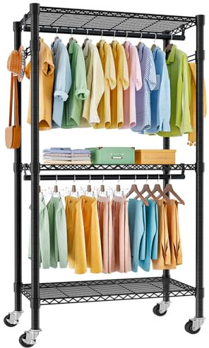 FTEYUET Kleiderständer auf Rollen, Kleiderstange, Schwerlast Kleiderständer Metall Garderobenständer Kleiderbügel Kleiderschrank mit 3 Kleiderstangen und Ablage, Haken (Schwarz, 41 D x 81 W x 210 H)