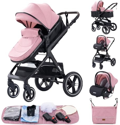 GLOKID Kinderwagen 3 in 1,Reisesysteme, Babywanne Buggy,Voll-Gummireifen,Mit Einem Klick Zusammenklappbarer, Rain cover Mosquito net, Mummy Bag（Rose） | LQLDE X1 Rosa