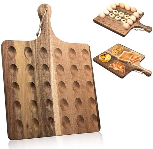 Wooden Deviled Egg Platter, Reversible Deviled Egg Tray with Handle, 30 Holes Square Acacia Wood Egg Holder, Charcuterie Board & Egg Serving Tray for Easter Birthday Kitchen Countertop, 43 x 33 cm