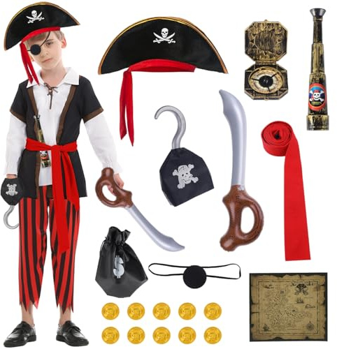 Piratenkostüm Kinder, Piraten Kostüm mit Piratenhut Piratenkostüm Zubehör | Piraten Faschingskostüme Kinder, Piraten Outfit Jungen für Halloween, Karneval, Party und Cosplay