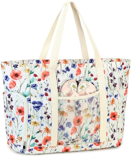 JANSBEN Strandtasche XXL Familie mit Schuhfach - Badetasche Damen Große mit Reißverschluss Wasserdicht Sanddicht Beach Bag Leichte Shopper Schultertasche Schwimmtasche für Strand Reisen Beige