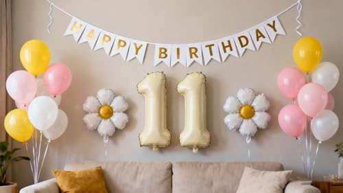 Luftballons 11. Gänseblümchen Geburtstag Deko Mädchen, Creme Beige 11 Jahre Folienballon Geburtstagsdeko, Pink Gelb 11. Geburtstag Dekorationen Ballons für 11 Jahre Alt Jungen Mädchen(11.)