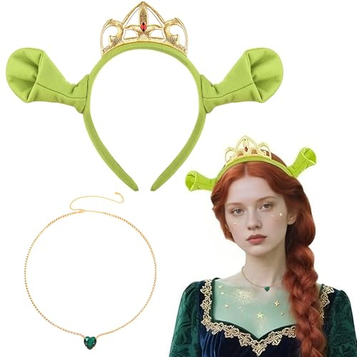 RAOPNHS 2PCS Grün Ohren Stirnband Set, Kostüm Zubehör mit Monster Stirnbänder Krone und Halskette für Halloween Cosplay Dress up, Hochwertige Charaktere Halloween und Themenparty