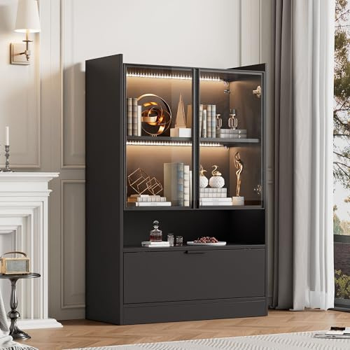 Merax Vitrinenschrank Transparente Vitrine mit LED, Moderner Bücherschrank mit 2 Glastüren & 1 Falttür & Offenes Regal, Sammlervitrine Standvitrine für Wohnzimmer Esszimmer Büro, Schwarz Matt, 120cm