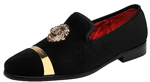 ELANROMAN Men's Velvet Loafers Dress Shoes for Men with Gold Buckle Fashion Party Wedding Shoes Black US 10