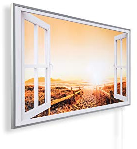 Könighaus Bildheizung 800 Watt - Thermostat - 11-21 m² | Schwarz-Weiß-Bilder, Motiv: 227. Fenster offen, TÜV SÜD, 5 Jahre Garantie, doppelter Überhitzungsschutz, Wandheizung