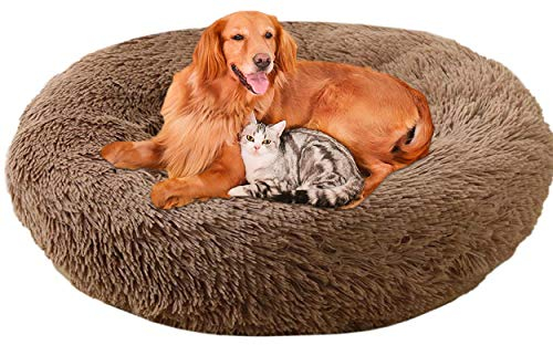 LINRUI XL Hoch Hundesofa Orthopädisch Antistress Waschbar Rund Hundebett für Große Grosse Mittelgroße Hunde XL Oval Donut Labrador Hundehöhle Kuschelig Hundekissen Memory Foam Braun