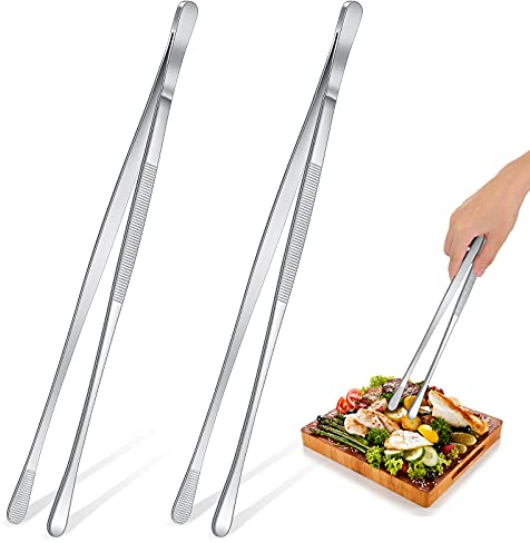 2 Pieces 12 Inch Tweezer Tongs Extra-Long Kitchen Tweezers Stainless Steel Cooking Tweezers with Round Tip Kitchen Cooking Tweezers Tongs for Grill, BBQ, Pasta