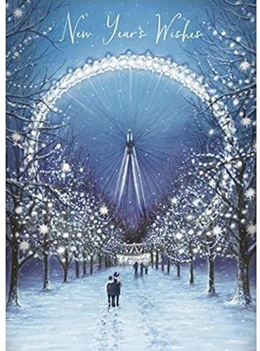 UK Greetings Happy New Year 2022 Grußkarte – atemberaubendes Design mit Riesenrad und Baum liniertem Weg