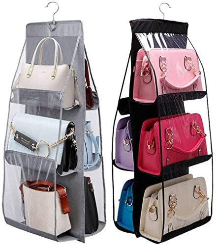 DDSHUN 2 Pieces Hanging Shelves Organiser Handbag Purse Organizer Bag Storage Wardrobe Dust Proof Hanger 6 Clear Pockets for Caps Purses Scarves Towel Holder Living Room Bedroom Home Use (Black+Grey)