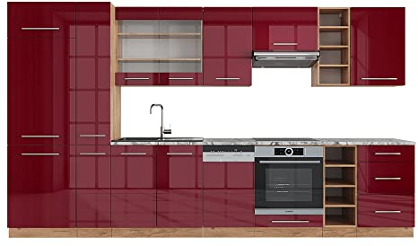 Vicco Küchenzeile Fame-Line, Bordeaux Hochglanz/Eiche Gold, 355 cm ohne Arbeitsplatte