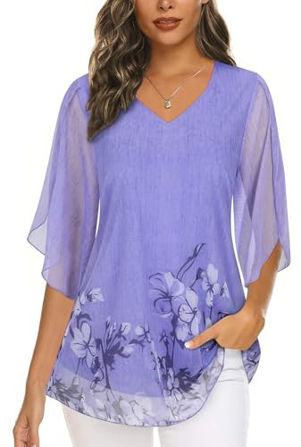 Syphiby Work Blouses for Women Plus Size Tops Ruffle 3/4 Sleeve V Neck Chiffon Dress Shirts Versatile Gorgeous Wedding Evening Office Work Tunic Top Purple-2XL