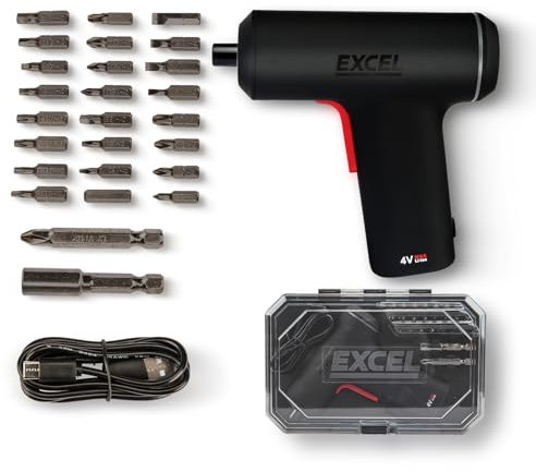 Electric Screwdriver Black 4V Rechargeable Excel 24pc with USB Charging LED Light Li-on Battery and Bit Set. Cordless Screw Driver Household Repairs & Assembly