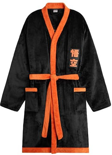 Dragon Ball Z Mens Fleece Dressing Gown Fluffy Bathrobe Loungewear Gifts for Him (Black/Orange, M)