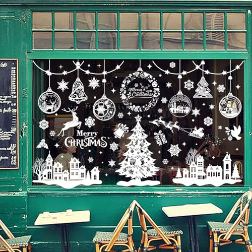 Xnova Fensterbilder Weihnachten Selbstklebend 244pcs, Weiß Fensterdeko Weihnachts Wiederverwendbar, Süße Weihnachtsdeko Statisch Aufkleber Fenster mit Schneeflocken Weihnachts Rentier Häuser