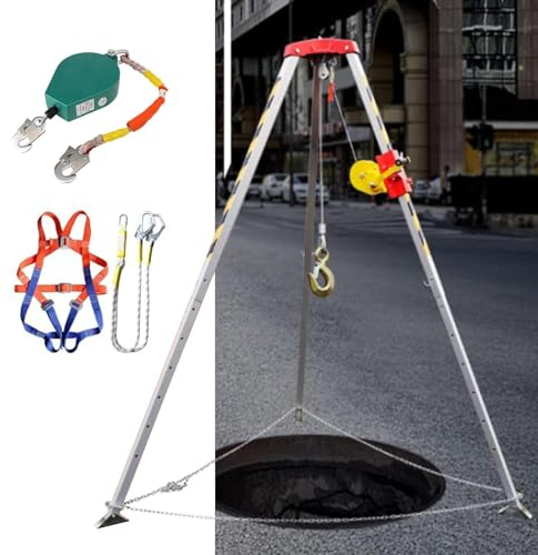 Confined Space Tripod Hoist, Commercial Aluminum Emergency Firefighting Lifting And Rescue Equipment, for Deep Well High Places Cliffs Tunnel(1800LBS Winch+Safe Belt)