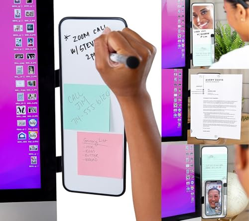 Removable Multi-Use Laptop and Monitor Memo Board; 11.8 x 4.3 Magnetic Whiteboard, Black Brackets, Marker, Mirror, and 4 Magnets Included; Document Holder; Small Dry Erase Board; Sticky Note Holder