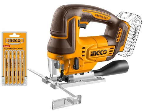 INGCO Scie Sauteuse Sans Fil 20V (Produit Seul), Moteur sans Balais, 3000 tr/min, 5 Lames de Scie CJSLI1008