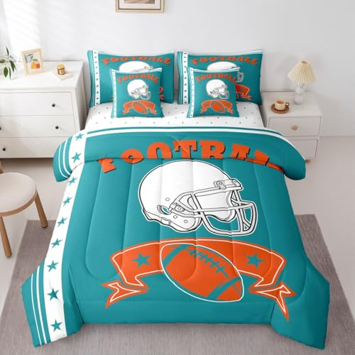 Miami Bettdecken-Set für Sportfans, Motiv: American Football Team, Delfin-Bettwäsche-Set für Sportfans, 1 Bettdecke, 1 Bettlaken, 1 Spannbetttuch, 2 Kissenbezüge, 2 Kissenbezüge (Miami)
