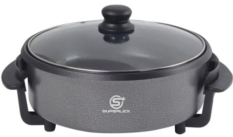 SUPERLEX Electric Frying Pan with Tempered Glass Lid, Non-Stick Coating, 30cm, 1500W Electric Skillet Detachable Thermostat Temperature Control, Steel Base, 7cm Depth