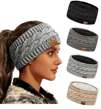 Qilitop 4-Pack Womens Winter Headbands Fuzzy Fleece Lined Cable Knit Ear Warmer Thick Warm Crochet Head Wrap Gifts Stocking Stuffers Criss-Cross Pattern Cold Weather Black Deep Light Grey Beige