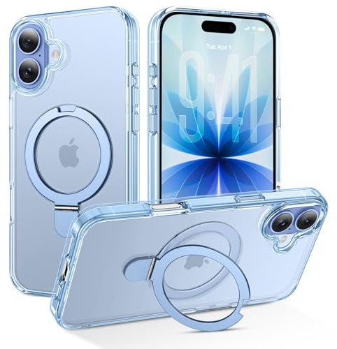 DUEDUE for iPhone 17 Case Clear with Stand [Compatible with Magsafe] Invisible Ring Holder, Transparent Back Anti-Yellowing, Military-Grade Shockproof Phone Case for iPhone 17 6.3 2025, Mist Blue