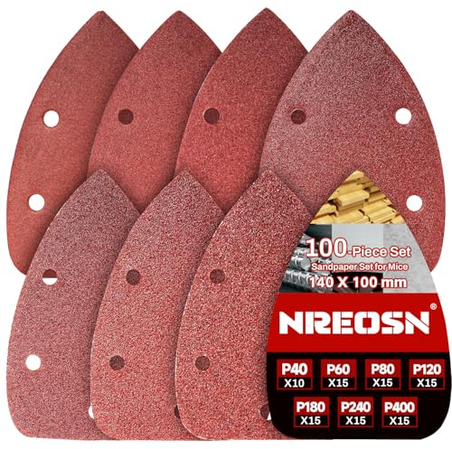 Nreosn 100PCS Mouse Sander Pads, 40–400 Grit Assorted Sanding Pads Sheets, 140x100mm Hook & Loop Multi-Sander Pads with 5-Hole Dust Extraction for Detail Palm Sanders
