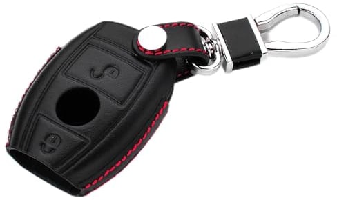 M.JVisun Echtes Leder Schlüsselanhänger Fall Abdeckung für Mercedes-Benz, Autoschlüssel Tasche Mit Schlüsselanhänger Schlüsselbund Halter Metallhaken - Leder - Schwarz - 2 Tasten