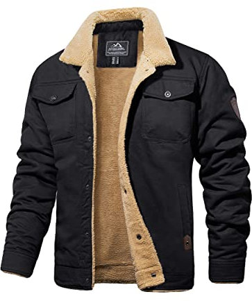 MAGCOMSEN Veste d'hiver en polaire pour homme - Veste d'aviateur militaire - Coupe-vent - Col montant - Veste doublée chaude avec 5 poches, Noir , L