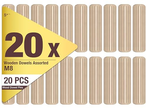 5Plus 20 Pcs 6mm x 30mm Wooden Dowel Pins – Fluted, Grooved, Chamfered Hardwood Dowels for Furniture Assembly, Joinery, Cabinet Making, Woodworking & DIY Projects