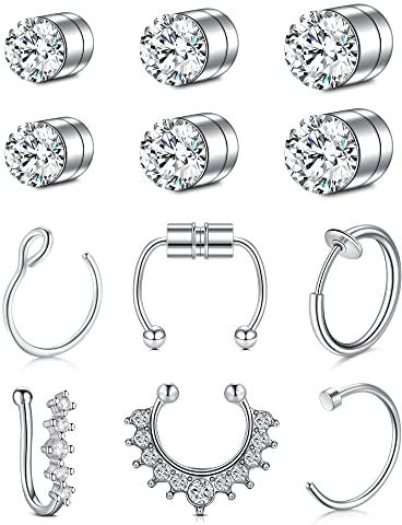 Mayhoop Fake Nasenpiercing Gefälscht Fake Septum Piercing Fake Nose Ring Faux Nasenring Fake Ohr Helix Cartilage Piercing 12Stk Silber