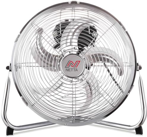 NETTA Gym Floor Standing Fan - 12 Chrome Metal Desk Fan with 5 Blades - 3 Speed Settings and Tilt Option, Powerful Circulation - Chrome
