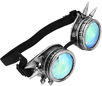 AMONIDA Regenbogen-Rave-Steampunk-Gläser, Kaleidoskop-Rave-Gläser mit Hoher Elastizität für die Dekoration von Halloween (Antikes Silber)
