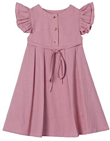 Ugitopi Kleines Mädchen Flatterärmel Baumwoll-Leinen Kleid Kleinkind Kinder Doppelte Rüschen Freizeitkleider Dusty Rose 120