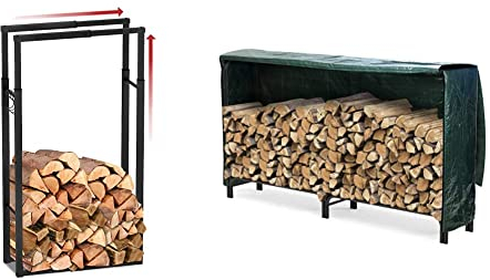 vounot Porte Bûches Télescopique Étagère à Bois de cheminée Ajustable avec 4 Crochets Stockage à Bois de Chauffage 100x65x25cm & Serre Bûche 2m avec Housse de Protection Range Bûche Acier Serre Bûche